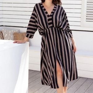 Uma and Leopold Anita Striped Midi Kaftan Dress With Pockets, Sz Lrg